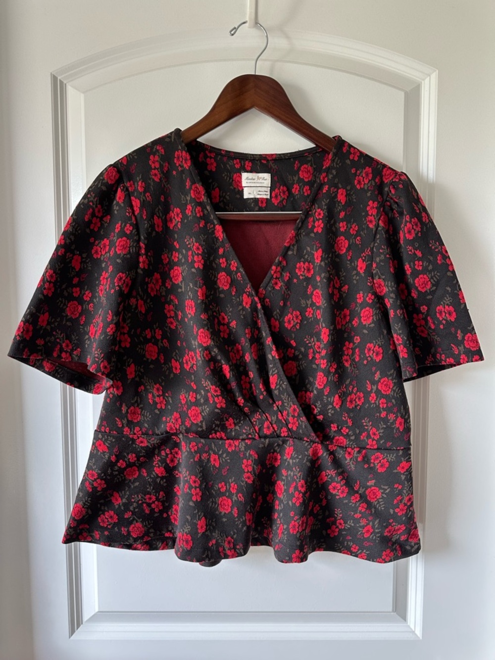 Anthropologie Black & Red Floral Wrap Peplum Top